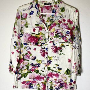 Floral Print Silk Ruffle Detail Long Sleeve Blouse Cotton Shirt Button Down